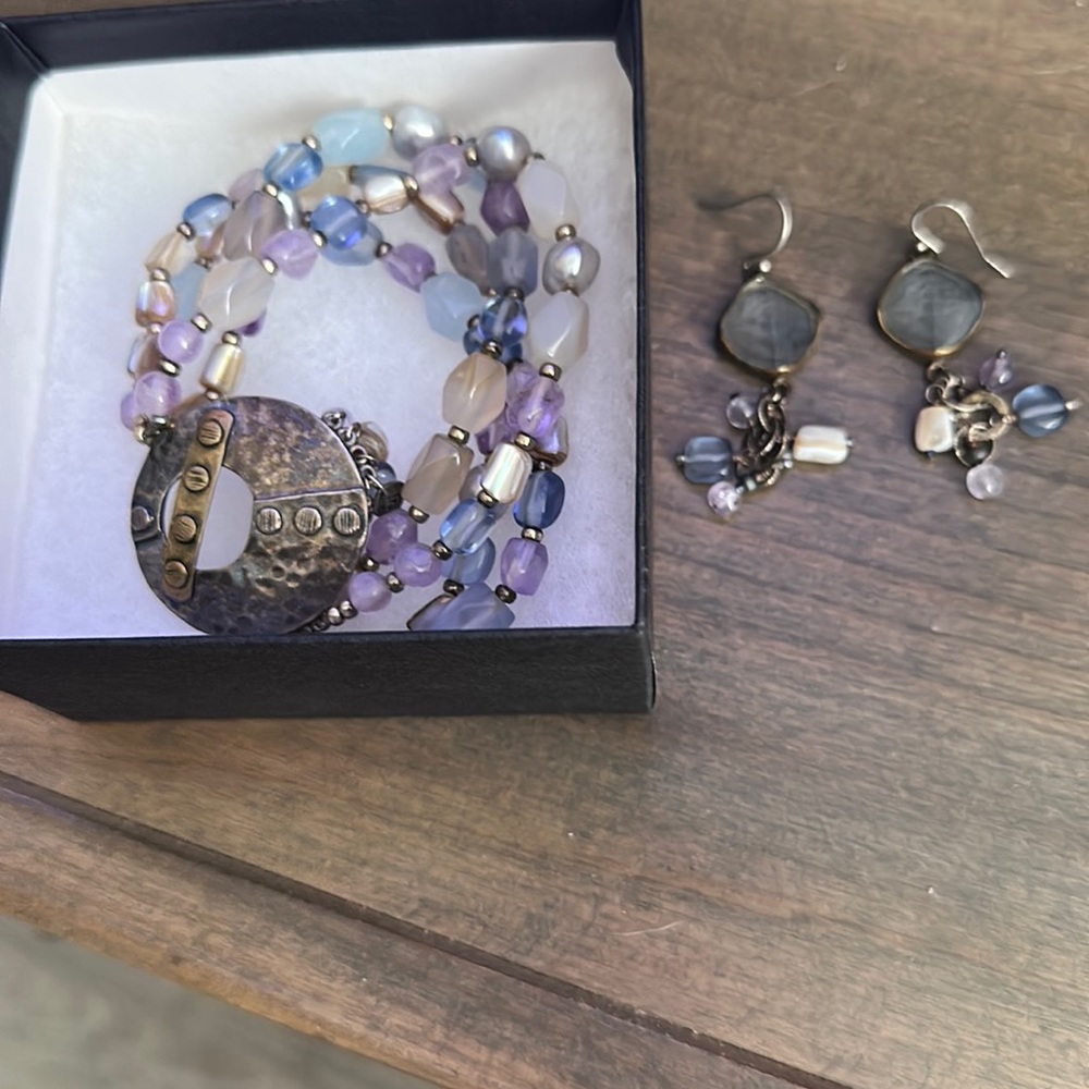 Silpada Sterling Silver Quartzite Amethyst Pearl Brass Bracelet stretchable